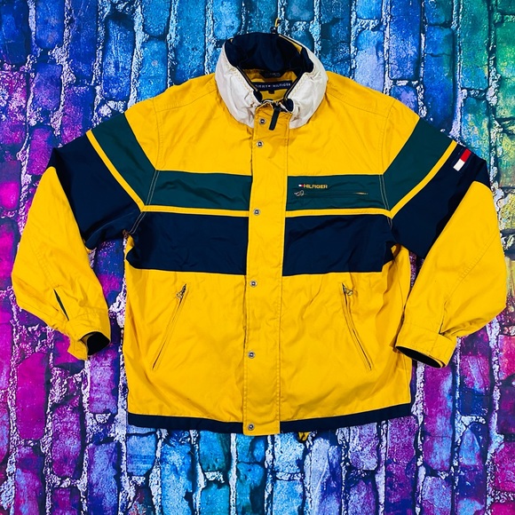 Vintage Tommy Hilfiger Colorblock Windbreaker Jacket Hidden Hood size L